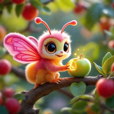 The primary subject of the image is a small, cute, pink and yellow cartoon-like creature, possibly a fairy or a bee, sitting on a tree branch and holding an apple. The setting is a lush green tree with many apples scattered around, creating a vibrant and colorful atmosphere. The visual style is a combination of digital art and illustration, giving the image a whimsical and playful appearance. The dominant colors are pink, yellow, and green, with the pink and yellow